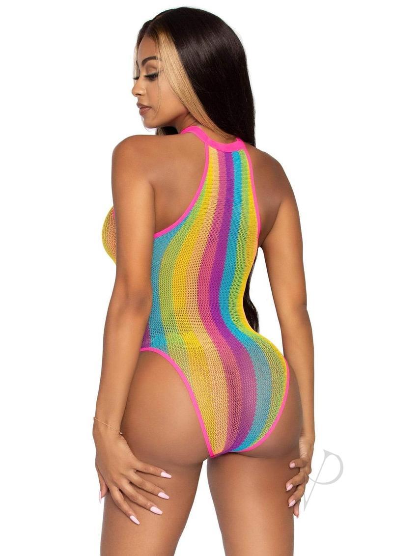 Leg Avenue Rainbow Striped Net Halter Bodysuit With Snap Crotch - Multicolor